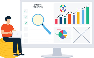 Business man budget planning financial analysis digital screen money management stacked coins data review investment strategy online accounting business graph savings concept modern flat design