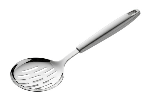 pristine kitchen slotted spoon with a polished steel head and matte brushed ergonomic handle, isolated on a seamless white background with high-key lighting. concept for luxury kitchen essentialism