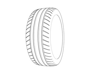 High-Detail Technical Blueprint Drawing: Monochrome Wireframe Model Outline Illustration of Car Tire Tread Pattern for Automotive Engineering Schematic, Mechanic Service and Industrial Design Projects