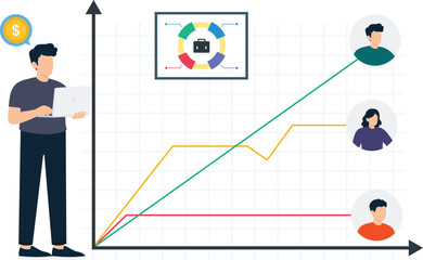 Fototapeta premium Business analysis man holding laptop reviewing financial growth data visualization showing customer profiles and market strategy performance metrics on a line chart