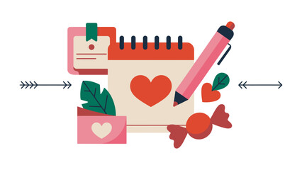 Love and Schedule: A romantic illustration, where calendar, heart, pen, and additional elements compose a vibrant illustration.