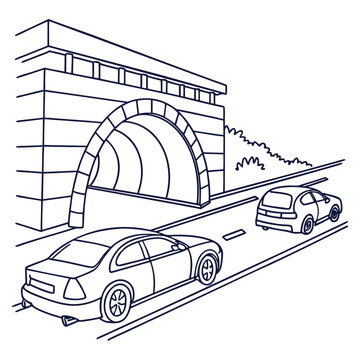 Title: A black and white line of cars exiting a tunnel with sound waves indicating noise