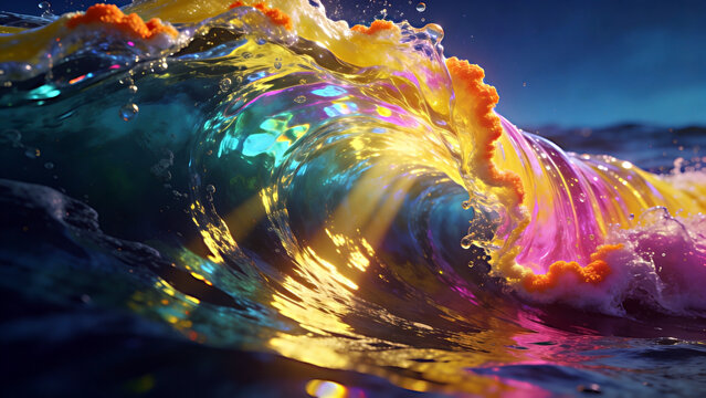 A surreal, vibrant ocean wave curls into a glowing tube, illuminated by dramatic sunset light with rainbow-like iridescent colors of pink, yellow, blue, and purple