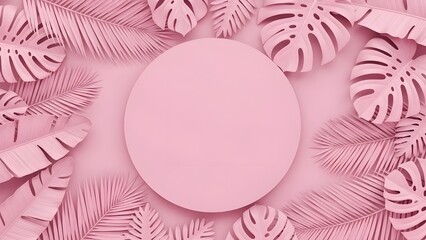 Pink background with tropical leaves and oval frame