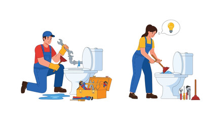 Plumbing professionals repairing toilets and solving household issues with tools