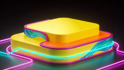 A vibrant 3D abstract render of stacked rounded yellow platforms with orange and pink accents, wrapped in glowing neon cyan and magenta lights on a dark background