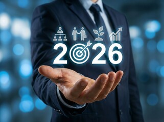 Business goal 2026 concept strategic planning financial growth partnership vision for the future, Businessman holding holographic 2026 text with target icon and business charts management success.