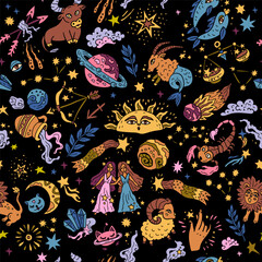 Seamless pattern with Western astrology. Zodiac animals. A cosmic fantasy backdrop for teenagers and small children. Fun zodiac.