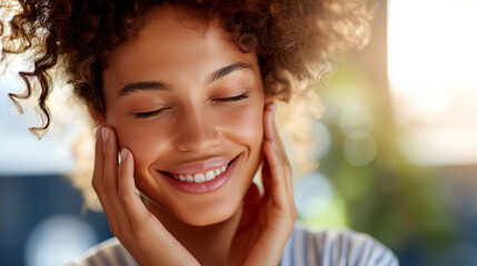 Smiling woman glowing skin, gently touching face showcasing, radiant complexion emphasizing beauty, self-care bright clean environment, wellness display moment, with copy space