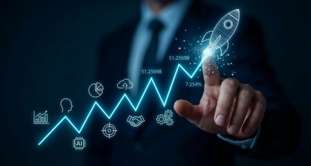 Business growth strategy concept startup acceleration financial success innovation, Businessman touching virtual rising graph transforming into a rocket with AI, cloud, target and partnership icons in
