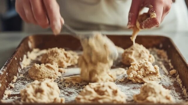 Person preparing food with ingredients on baking sheet closeup