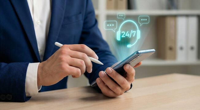 Customer service support concept 24/7 hotline digital communication online assistance, Businessman using smartphone and stylus with virtual interface displaying 24/7 headset and chat bubble icons. - Powered by Adobe