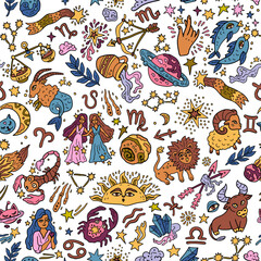 Zodiac animals. A cosmic fantasy backdrop for teenagers and small children. Fun zodiac. Seamless pattern with Western astrology. 