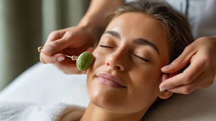 Facial massage with jade roller, skincare routine beauty treatment, natural stone tool application, facial wellness practice, anti-aging self-care activity, with copy space