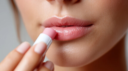 Closeup person applying lip balm, lips showcasing smooth hydrated, skin highlighting self-care beauty, routine moisture treatment, personal care moment, with copy space