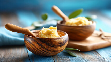 Smooth shea butter wooden bowls, creamy texture natural origin, beauty wellness evoking feelings, self-care skincare routines display, organic product presentation, with copy space