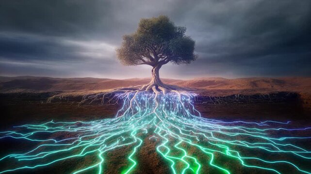 Tree with exposed roots perched on a rugged landscape under dramatic skies