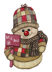 Pupazzo di neve con cappello e sciarpa e cartello  con scritta, illustrazione a colori isolata su sfondo bianco