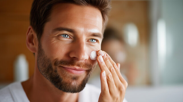 Man puts cream on face, skincare application moment, grooming routine activity, facial care treatment, men's beauty wellness, defocused bathroom background, with copy space - Powered by Adobe