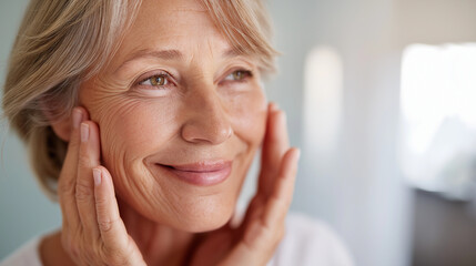 Well-lit room senior woman, examines face mirror applying, skincare focused morning beauty, routine promoting self-care wellness, aging gracefully display, with copy space