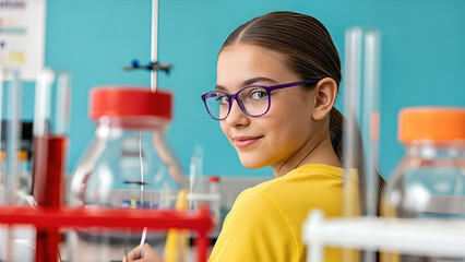 Young girl with glasses in a bright yellow shirt is conducting an experiment in a colorful chemistry classroom, surrounded by glassware and lab equipment, showcasing scientific exploration