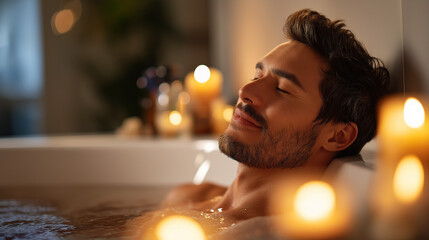 Man relaxing bathtub with candles, essential oils stress relief, self-care wellness routine display, spa home treatment moment, relaxation therapy activity, with copy space