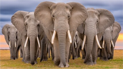 Obraz premium dramatic wildlife gathering at dusk in the african savannah landscape