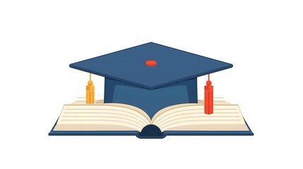 Graduation Cap Resting on Open Book Symbolizing Education and Academic Success Illustration