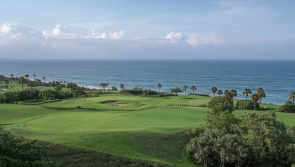 Coastal Golf Course Near Ocean With Green Grass and Palm Trees on a Sunny Day