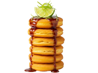Stack of pancakes with syrup and lime isolated on transparent background