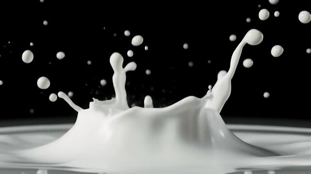 Dynamic splash of milk against a dark background, showcasing the fluid motion and texture of the liquid