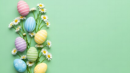 Easter eggs and flowers on a green background colorful spring decoration