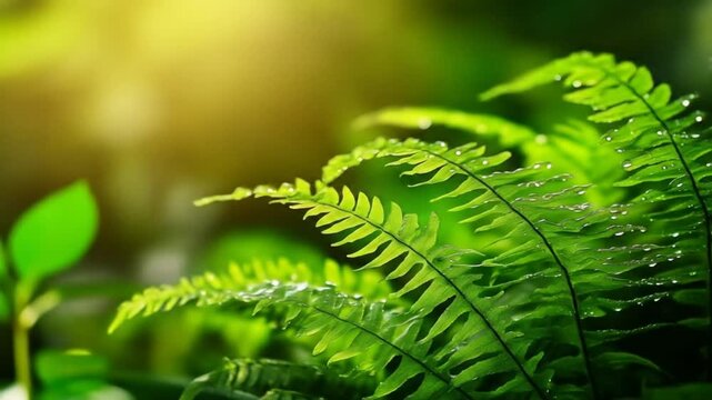 Lush green fern fronds illuminated by sunlight nature close up