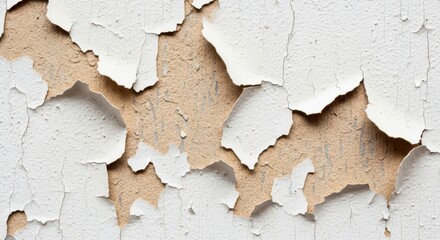 Close up of peeling white paint on a wall revealing the brown surface underneath.