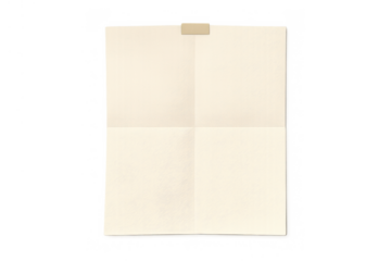 Blank vintage paper sheet with creases taped to transparent background, old parchment texture, square folds