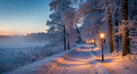 Enchanting Winter Wonderland Path with Glowing Lanterns at Dawn.