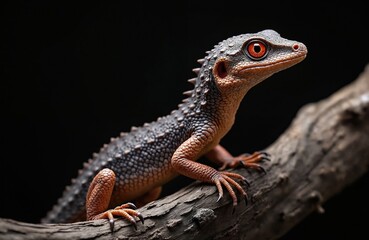 Obraz premium Red eyed crocodile skink rests on tree branch against black backdrop. Small reptile scaly textured skin, sharp claws. Wild animal displays unique orange, grey coloring. Creature poised, watchful.