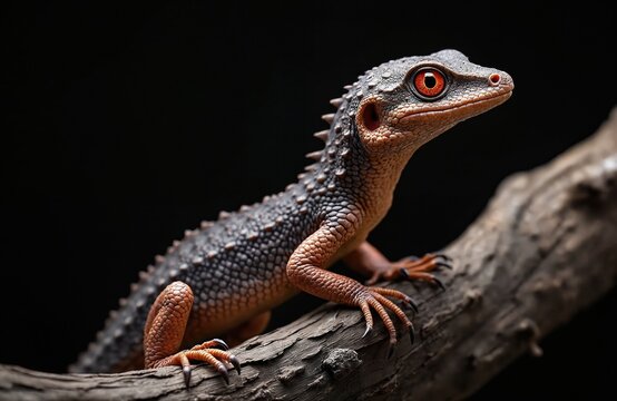 Red eyed crocodile skink rests on tree branch against black backdrop. Small reptile scaly textured skin, sharp claws. Wild animal displays unique orange, grey coloring. Creature poised, watchful.