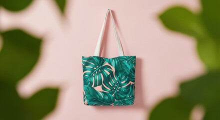 Tropical Leaf Pattern Tote Bag Hanging on Pink Wall with Green Foliage Shadows.