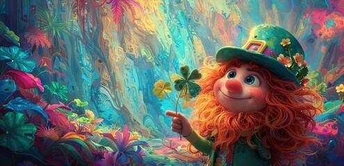 Leprechaun holding four-leaf clover in magical forest, cheerful expression, whimsical fantasy art for St. Patrick's Day