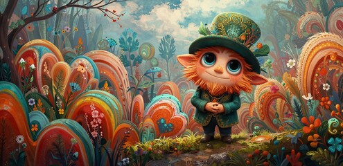 Leprechaun character standing in a whimsical, brightly colored fantasy forest, digitally illustrated fairytale scene