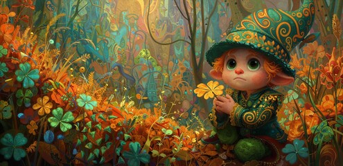 Leprechaun character kneeling in a magical forest, holding a lucky yellow clover, vibrant and whimsical illustration