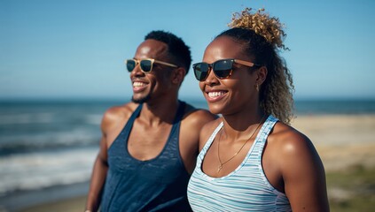 Fototapeta premium Friends Enjoying a Sunny Day at the Beach With Smiles and Sunglasses While Standing by the Ocean