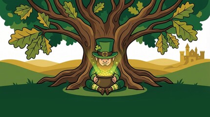 Leprechaun sitting under large oak tree, holding glowing pot of gold, whimsical cartoon illustration for St. Patrick's Day