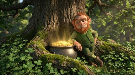 A grumpy leprechaun leaning against a large tree, guarding a glowing pot of gold, surrounded by clovers in a magical forest