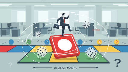 Businessman navigating decision making challenges in modern office