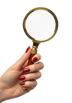professional photorealistic macro of a caucasian woman's slender hand with glossy oxblood nails holding a vintage golden brass magnifier on white. concept of detailed analysis