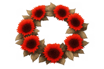 Red sunflowers and autumn leaves forming a circular wreath, celebrating fall, warmth, and harvest seasons