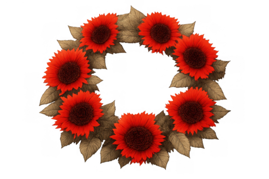 Red sunflowers and autumn leaves forming a circular wreath, celebrating fall, warmth, and harvest seasons - Powered by Adobe