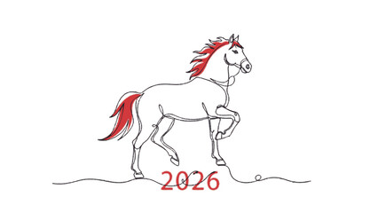 Illustration of a striking white horse with a flowing red mane and tail, set against a clean background, symbolizing the upcoming Year of the Horse in 2026 © Hasnil